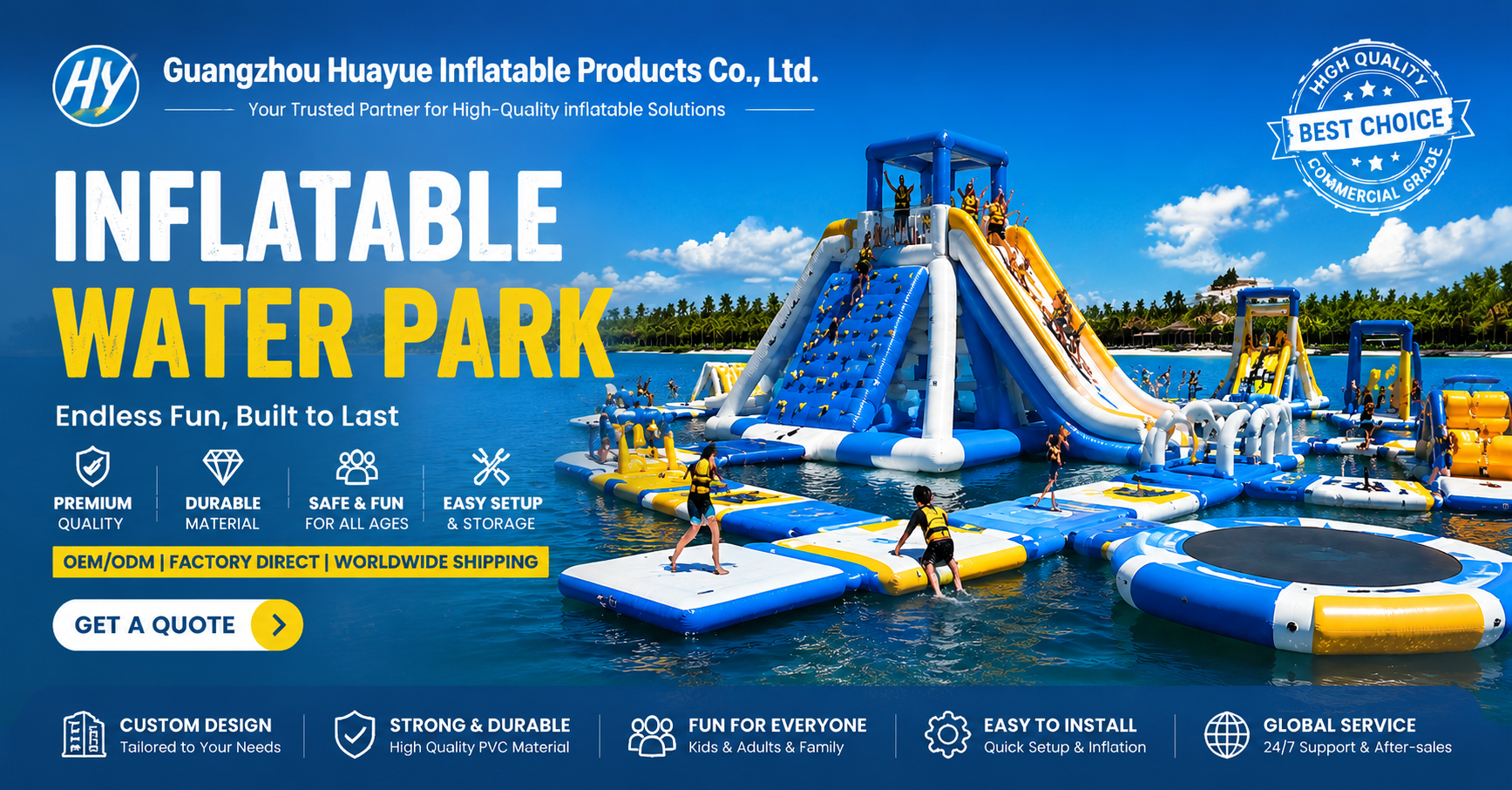 Commercial inflatable water park with slides and floating modules